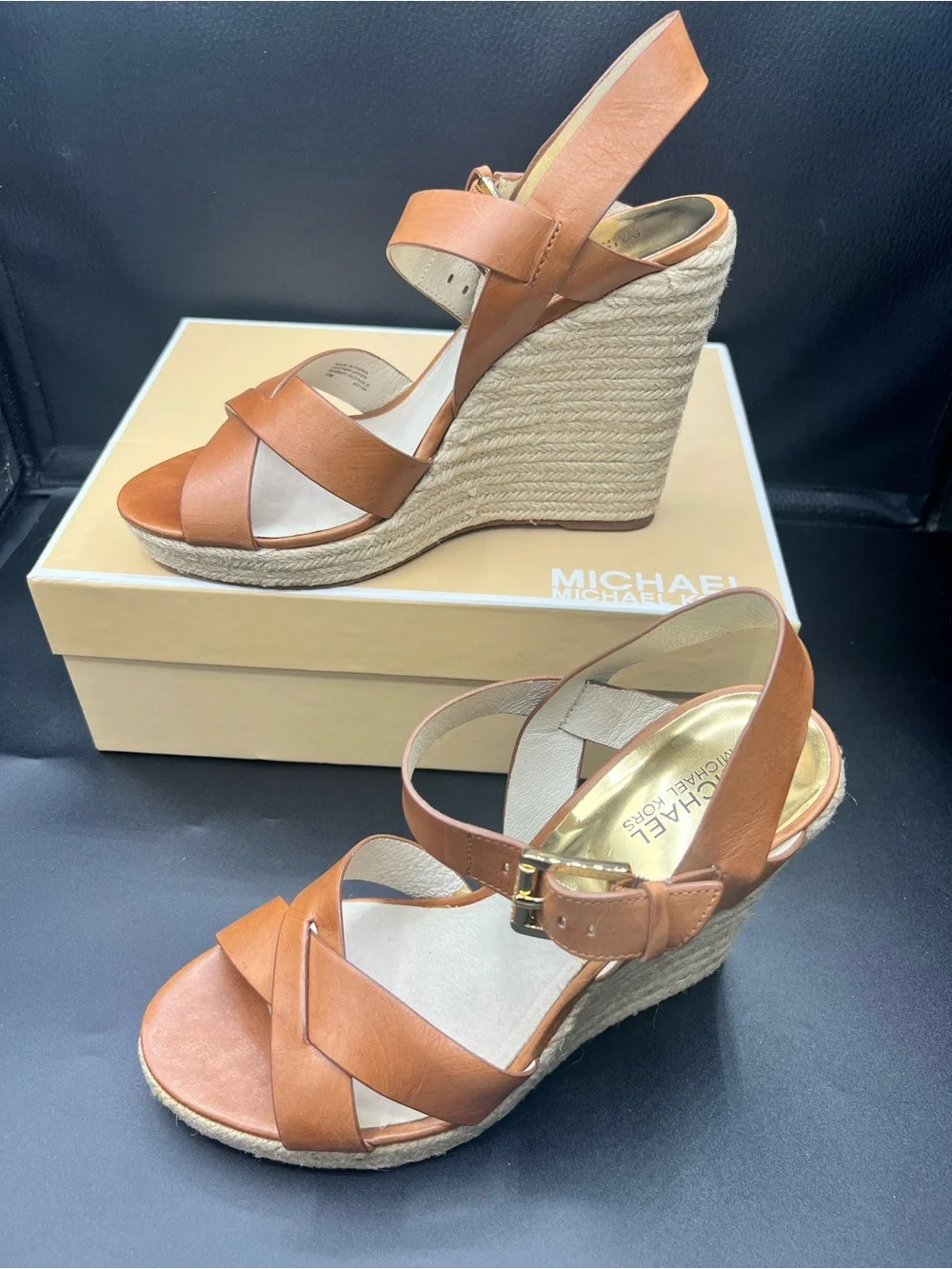 Michael Kors Cognac Leather Espadrille Wedge Sandals